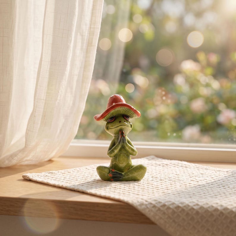 Frosch Harzfigur mit rotem Pilzhut, Yoga Meditation Statue, Feengarten Dekoration, Schreibtisch Ornament