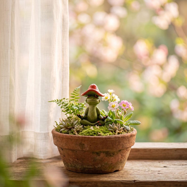 Frosch Harzfigur mit rotem Pilzhut, Yoga Meditation Statue, Feengarten Dekoration, Schreibtisch Ornament