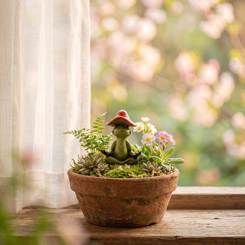 Frosch Harzfigur mit rotem Pilzhut, Yoga Meditation Statue, Feengarten Dekoration, Schreibtisch Ornament