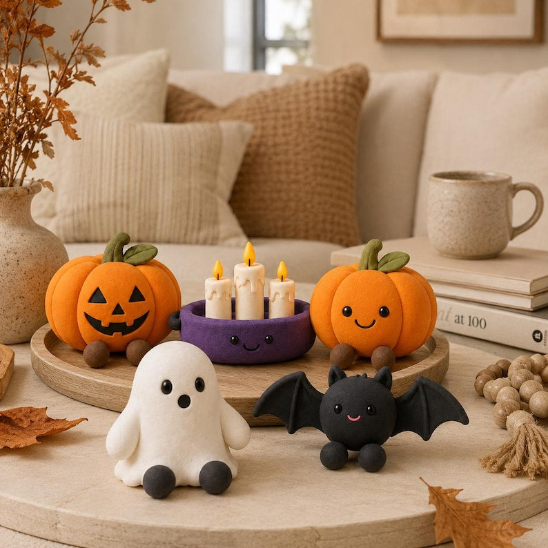Handgefertigte Halloween-Tonfiguren, Kürbis, Fledermaus, Geist, Mumie, Hexe, Skelett, Kerzenständer, Schlüsselanhänger, ca. 3 Zoll
