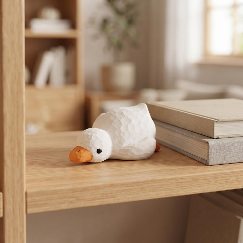 Entenfigur aus Holz, kleine geschnitzte Holzente mit weiß bemaltem Körper und orangefarbenem Schnabel, Dekoration für Bücherregal, Tisch und Schreibtisch