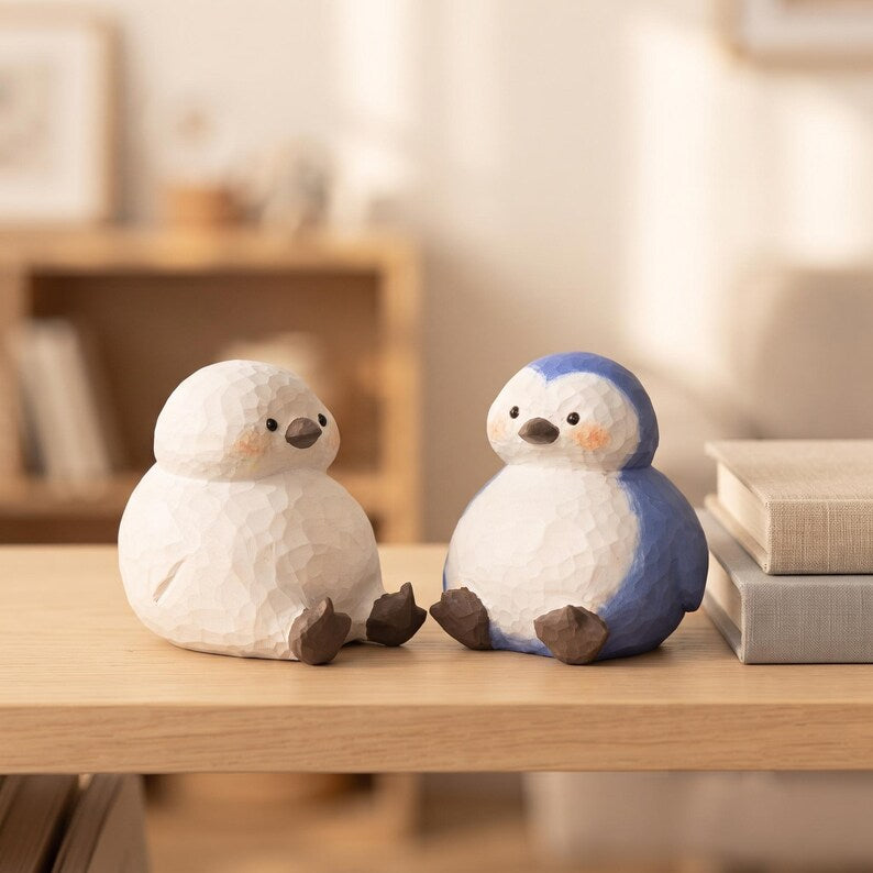 Pinguin-Holzfigur, kleine handgeschnitzte Pinguin-Dekoration aus Holz für Schreibtisch, Bücherregal und Tisch