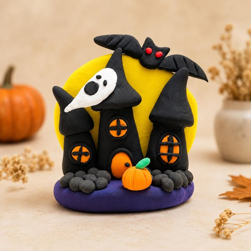 Handgefertigte Geisterschloss-Figur aus ultraleichtem Ton, Halloween-Dekoration mit Mond, Fledermaus und Kürbis, Schwarz-Gelb-Orange-Lila