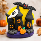 Handgefertigte Geisterschloss-Figur aus ultraleichtem Ton, Halloween-Dekoration mit Mond, Fledermaus und Kürbis, Schwarz-Gelb-Orange-Lila