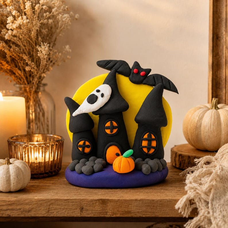 Handgefertigte Geisterschloss-Figur aus ultraleichtem Ton, Halloween-Dekoration mit Mond, Fledermaus und Kürbis, Schwarz-Gelb-Orange-Lila