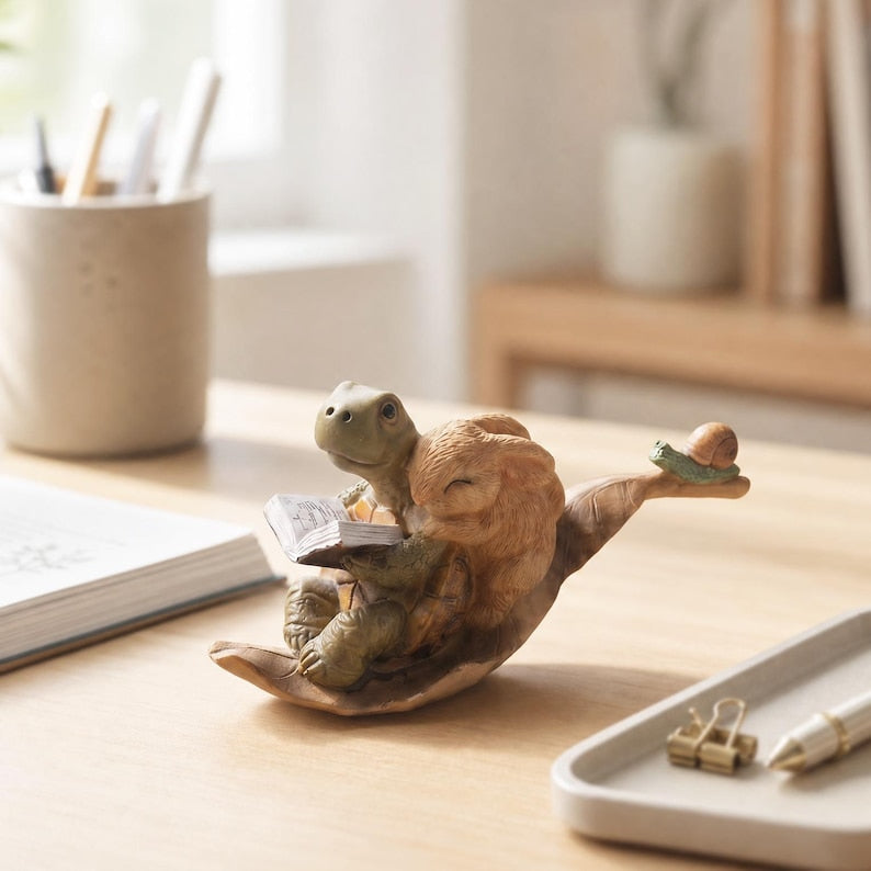 Schildkröten-Hase-Figur aus Kunstharz, liest Buch – Sammlerfigur für Bücherregal und Schreibtisch