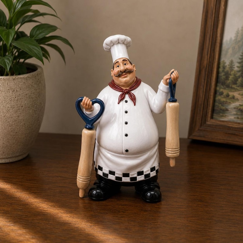 Kochfigur aus Kunstharz mit Flaschenöffner, Nachrichtentafel und Salz- und Pfefferstreuer – Küchen- und Bardekoration