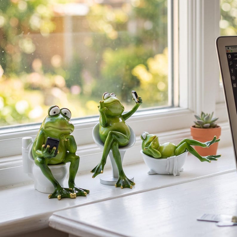 Frosch-Badezimmerfigur aus Kunstharz, handbemalte Toilettenfigur mit Telefon, 3 Ausführungen, Höhe 10–18 cm