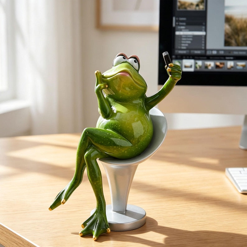 Frosch-Badezimmerfigur aus Kunstharz, handbemalte Toilettenfigur mit Telefon, 3 Ausführungen, Höhe 10–18 cm