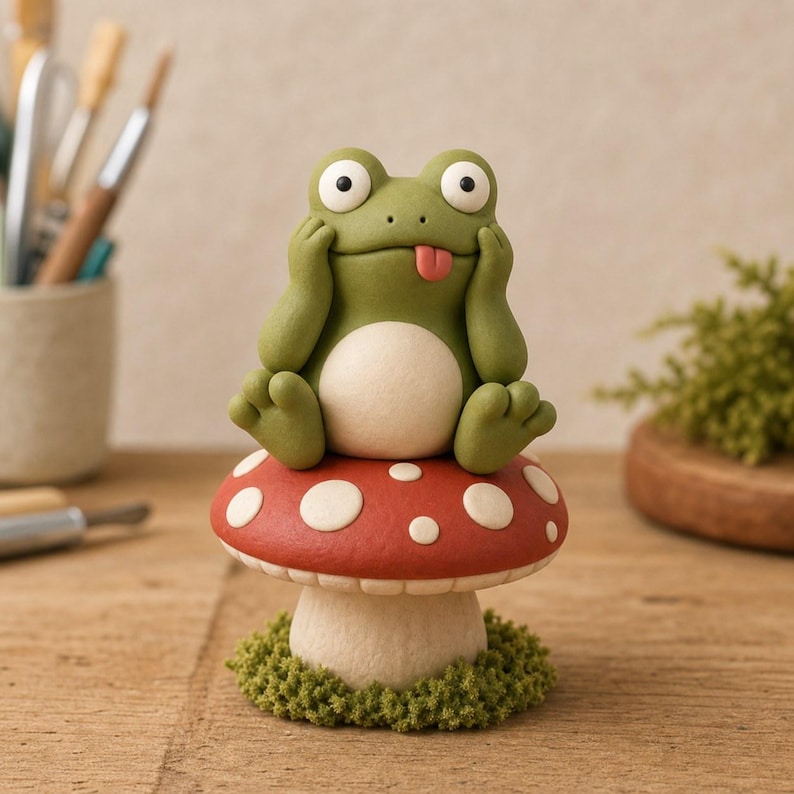 Handgefertigtes Frosch-Pilz-Skulpturenset aus Ton – 3 verspielte Cottagecore Figuren für Regal und Schreibtisch