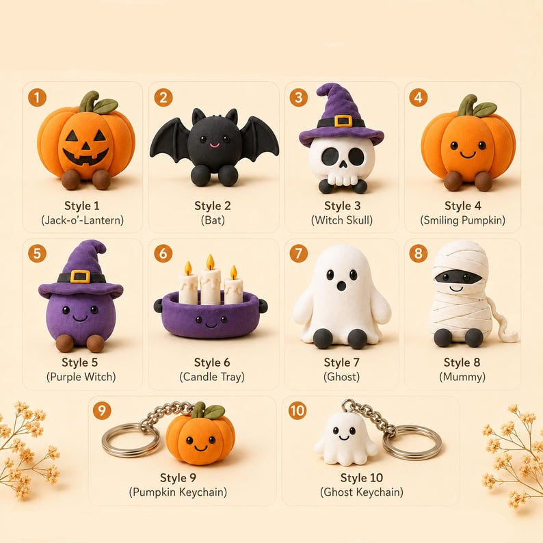Handgefertigte Halloween-Tonfiguren, Kürbis, Fledermaus, Geist, Mumie, Hexe, Skelett, Kerzenständer, Schlüsselanhänger, ca. 3 Zoll