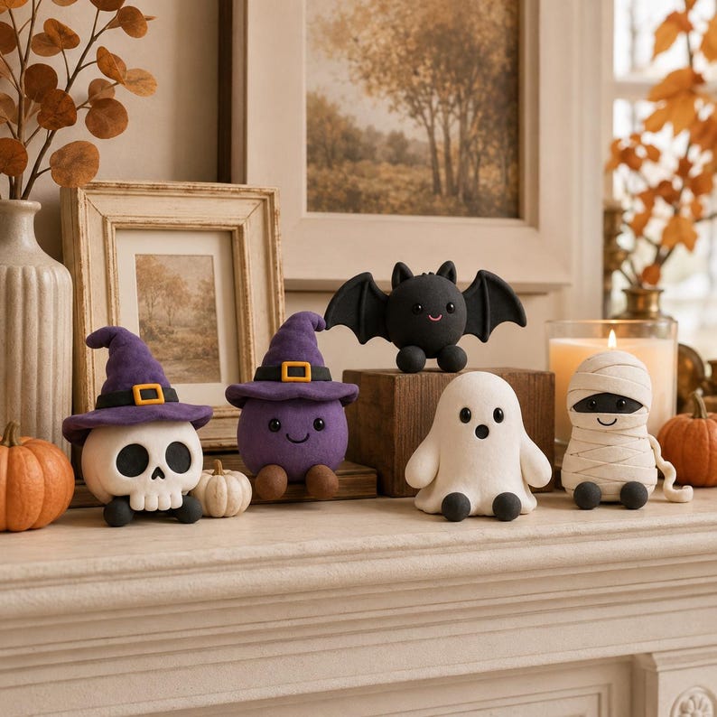 Handgefertigte Halloween-Tonfiguren, Kürbis, Fledermaus, Geist, Mumie, Hexe, Skelett, Kerzenständer, Schlüsselanhänger, ca. 3 Zoll