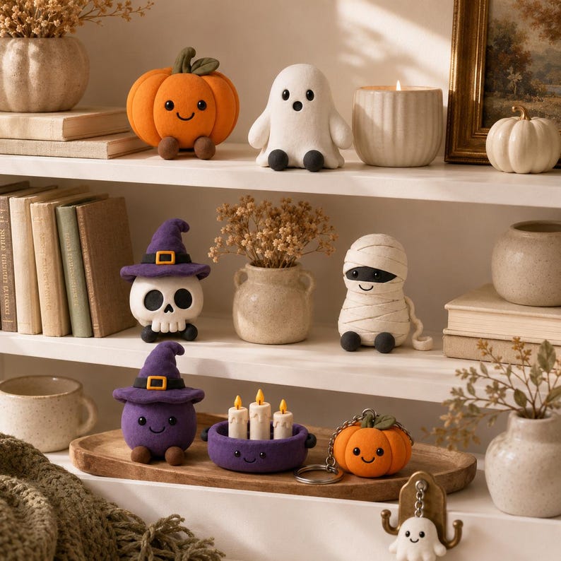 Handgefertigte Halloween-Tonfiguren, Kürbis, Fledermaus, Geist, Mumie, Hexe, Skelett, Kerzenständer, Schlüsselanhänger, ca. 3 Zoll