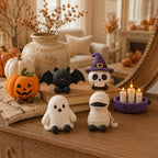 Handgefertigte Halloween-Tonfiguren, Kürbis, Fledermaus, Geist, Mumie, Hexe, Skelett, Kerzenständer, Schlüsselanhänger, ca. 3 Zoll