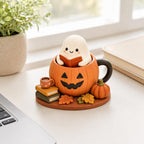 Handbemalte Geist liest in Kürbisbecher Figur aus lufttrocknendem Ton, 9,9 cm, Herbst Dekoration für Bücherregal und Schreibtisch, Sammlerstück für Bücherliebhaber
