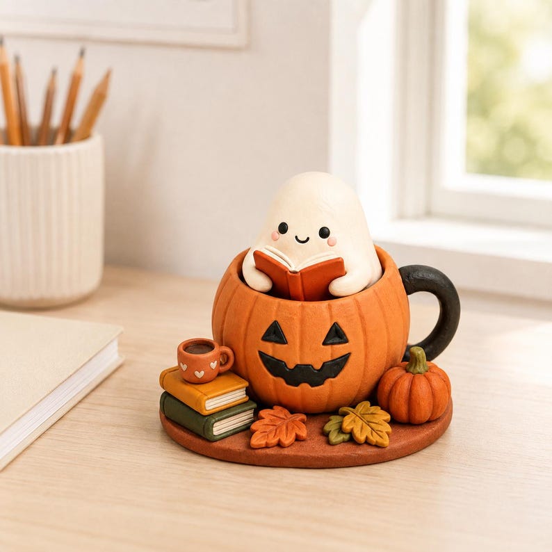Handbemalte Geist liest in Kürbisbecher Figur aus lufttrocknendem Ton, 9,9 cm, Herbst Dekoration für Bücherregal und Schreibtisch, Sammlerstück für Bücherliebhaber