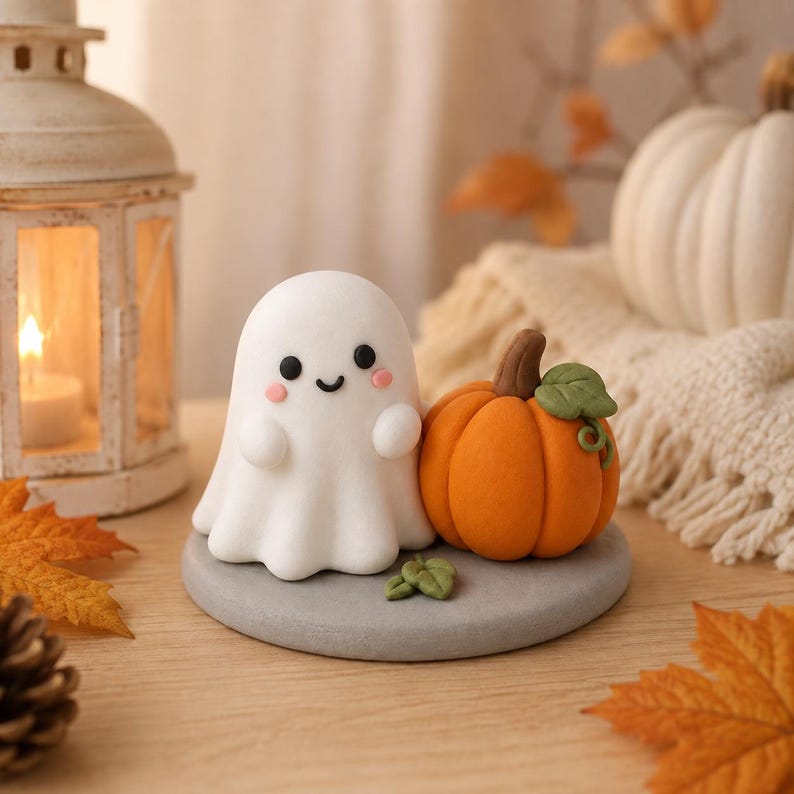 Ultraleichte Halloween-Tonfiguren handgefertigt: Geist, Kürbis, Hexe, schwarze Katze – 12–13 cm Dekofigur