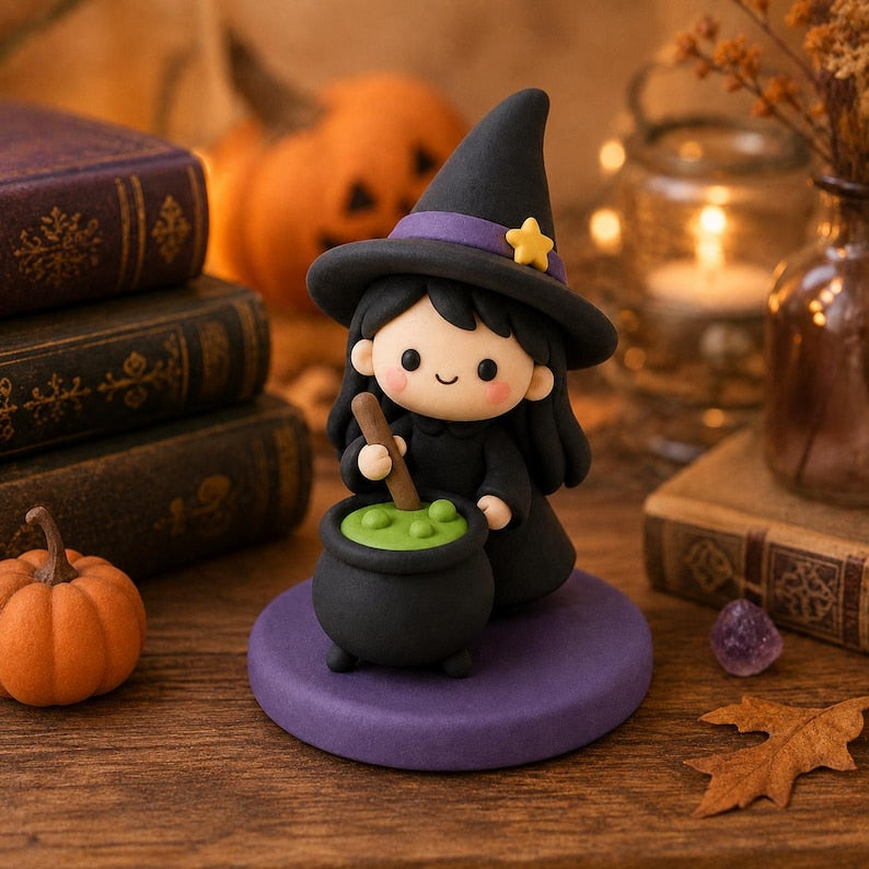 Ultraleichte Halloween-Tonfiguren handgefertigt: Geist, Kürbis, Hexe, schwarze Katze – 12–13 cm Dekofigur