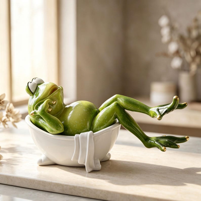 Frosch-Badezimmerfigur aus Kunstharz, handbemalte Toilettenfigur mit Telefon, 3 Ausführungen, Höhe 10–18 cm