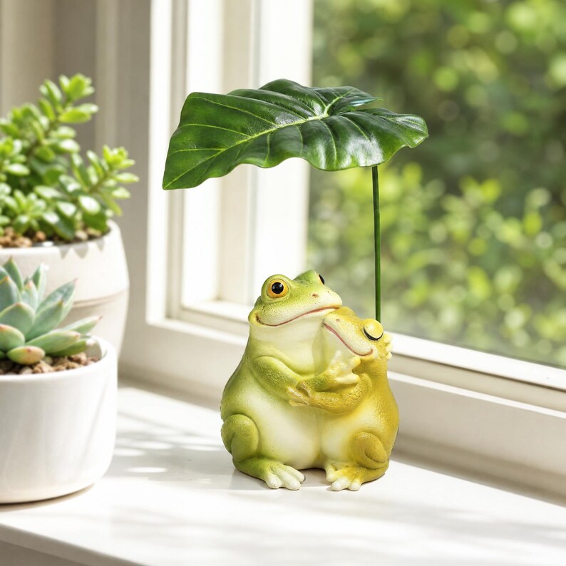 Frosch-Pärchen-Skulptur aus Kunstharz, umarmend unter Blätterschirm, 17,5 cm, moderne Landhaus-Deko
