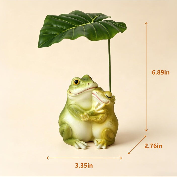 Frosch-Pärchen-Skulptur aus Kunstharz, umarmend unter Blätterschirm, 17,5 cm, moderne Landhaus-Deko