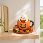 Handbemalte Geist liest in Kürbisbecher Figur aus lufttrocknendem Ton, 9,9 cm, Herbst Dekoration für Bücherregal und Schreibtisch, Sammlerstück für Bücherliebhaber