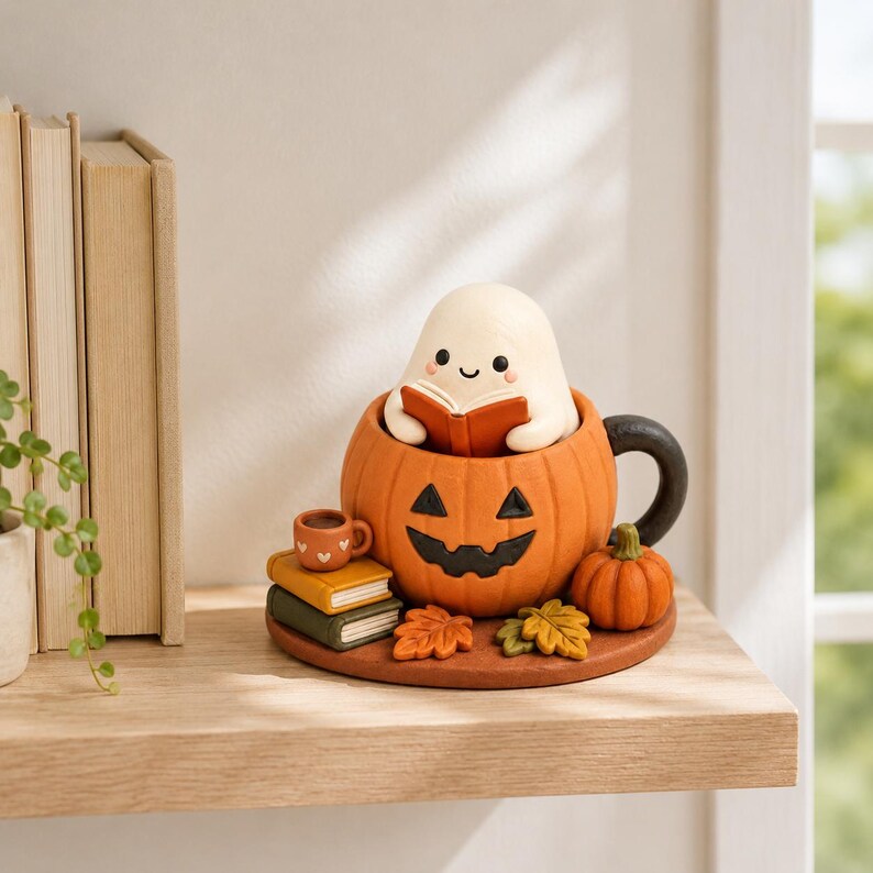 Handbemalte Geist liest in Kürbisbecher Figur aus lufttrocknendem Ton, 9,9 cm, Herbst Dekoration für Bücherregal und Schreibtisch, Sammlerstück für Bücherliebhaber