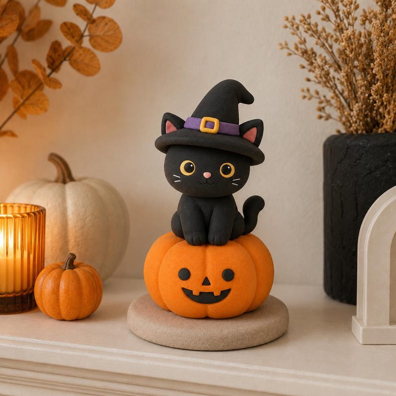 Ultraleichte Halloween-Tonfiguren handgefertigt: Geist, Kürbis, Hexe, schwarze Katze – 12–13 cm Dekofigur