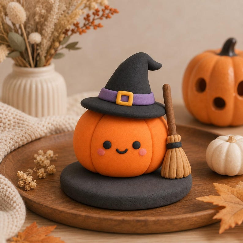 Ultraleichte Halloween-Tonfiguren handgefertigt: Geist, Kürbis, Hexe, schwarze Katze – 12–13 cm Dekofigur