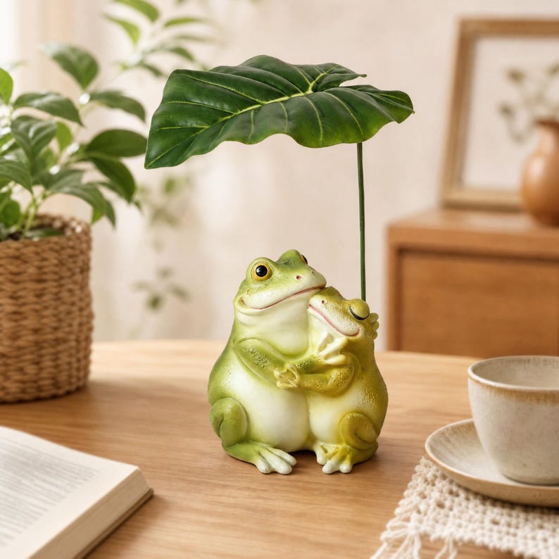 Frosch-Pärchen-Skulptur aus Kunstharz, umarmend unter Blätterschirm, 17,5 cm, moderne Landhaus-Deko