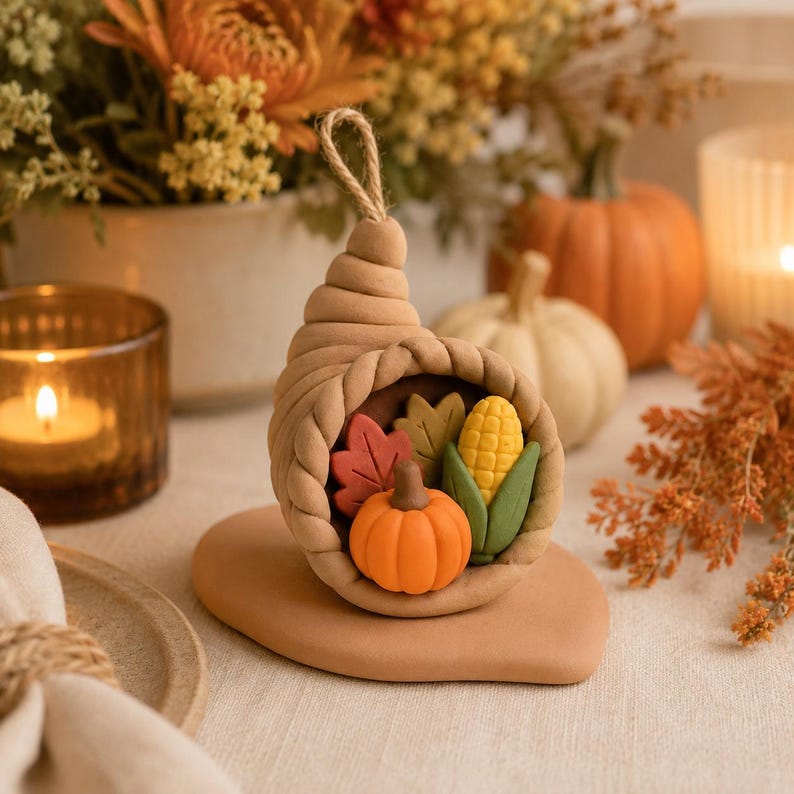 Handgefertigte Thanksgiving-Füllhorn-Figur, Herbstliche Erntedekoration aus Ton, 4 Ausführungen