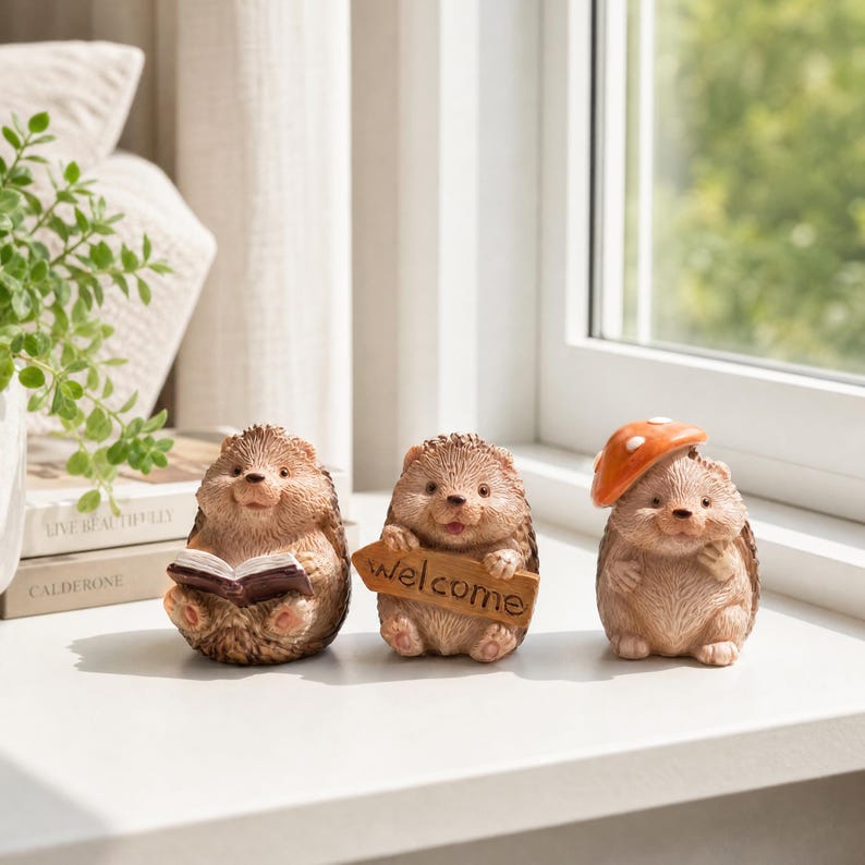 Igel-Statuen-Set aus Kunstharz, 3-teiliges Set mit Holztier-Skulpturen, Dekorative Tischfiguren für Zuhause
