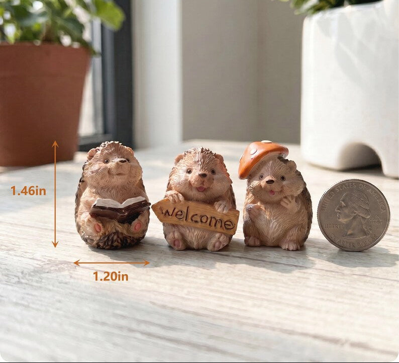 Igel-Statuen-Set aus Kunstharz, 3-teiliges Set mit Holztier-Skulpturen, Dekorative Tischfiguren für Zuhause