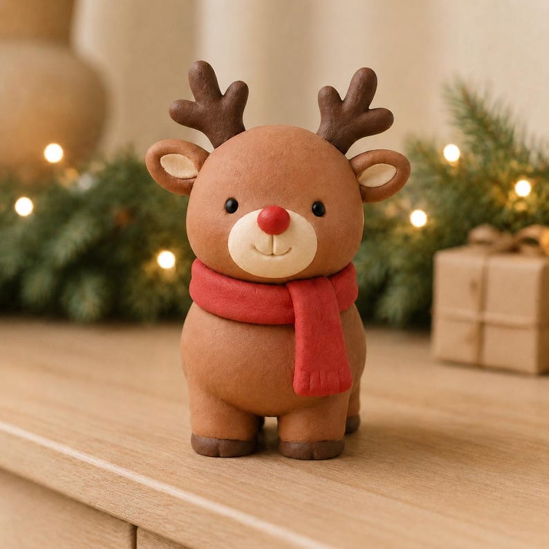 Handgefertigte Rentierfigur aus ultraleichtem Ton, Weihnachtsdekoration für Regal und Kaminsims, 10-12,5 cm, 1 Stück