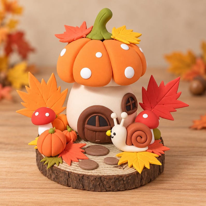 Ultraleichte Kürbis-Figur aus Ton mit Schnecke, Herbstdeko, 12,7 cm, handgefertigt